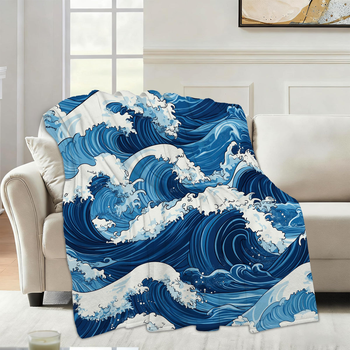 Blue Ocean Wave Sofa Throw Blankets,Vintage Japanese Soft Cozy Fuzzy Lightweight Travel Blanket,Flannel Fleece Fall Throw Blanket for Couch,Bed,Camping,Movie Nights,Watching TV 50 X 60 Inch