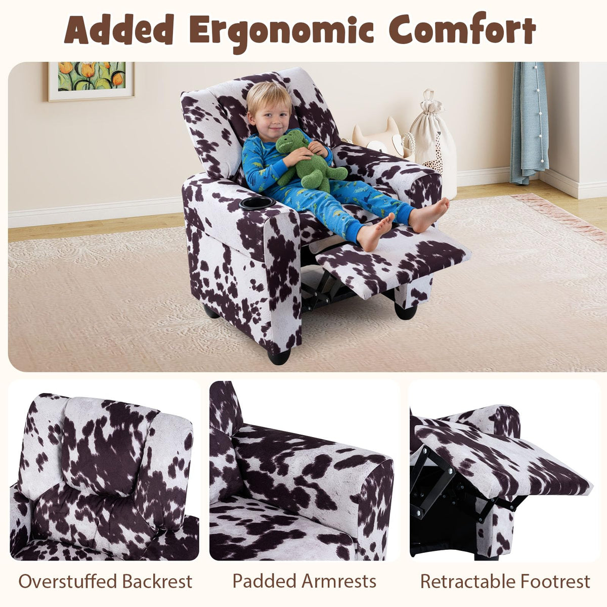GLACER Kids Recliner with Cup Holder, Velvet Toddler Lounge Chair w/Adjustable Backrest & Footrest, Spring-Loaded Seat Cushion, Push Back Toddler Sofa for Boys & Girls Ages 3+ Years Old (Cow)