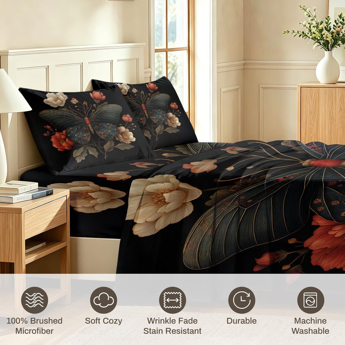 Butterfly Sheet Set, 4 Pcs King Size Moth Aesthetic Bed Sheets