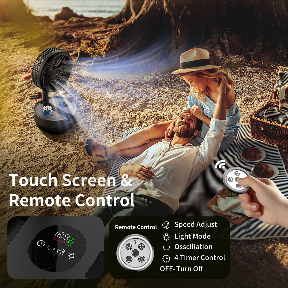 Socool 40000mAh Portable Fan Foldable Battery Rechargeable with 8 Speed & 106H, 90° Osciliating Floor Standing Fan Remote, Desk Fan with 8H Timer & LED Light for Home Outdoor Travel Camping