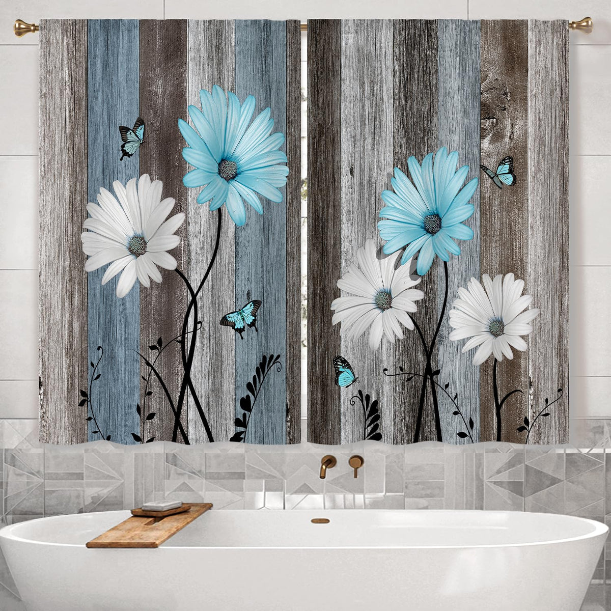 Cizuug Blue Farmhouse Daisy Kitchen Curtains Wooden Flower Small Short Cafe Window Curtains Rustic Floral Butterfly Country Bathroom Drapes Treatment Tier Curtains 2 Panels