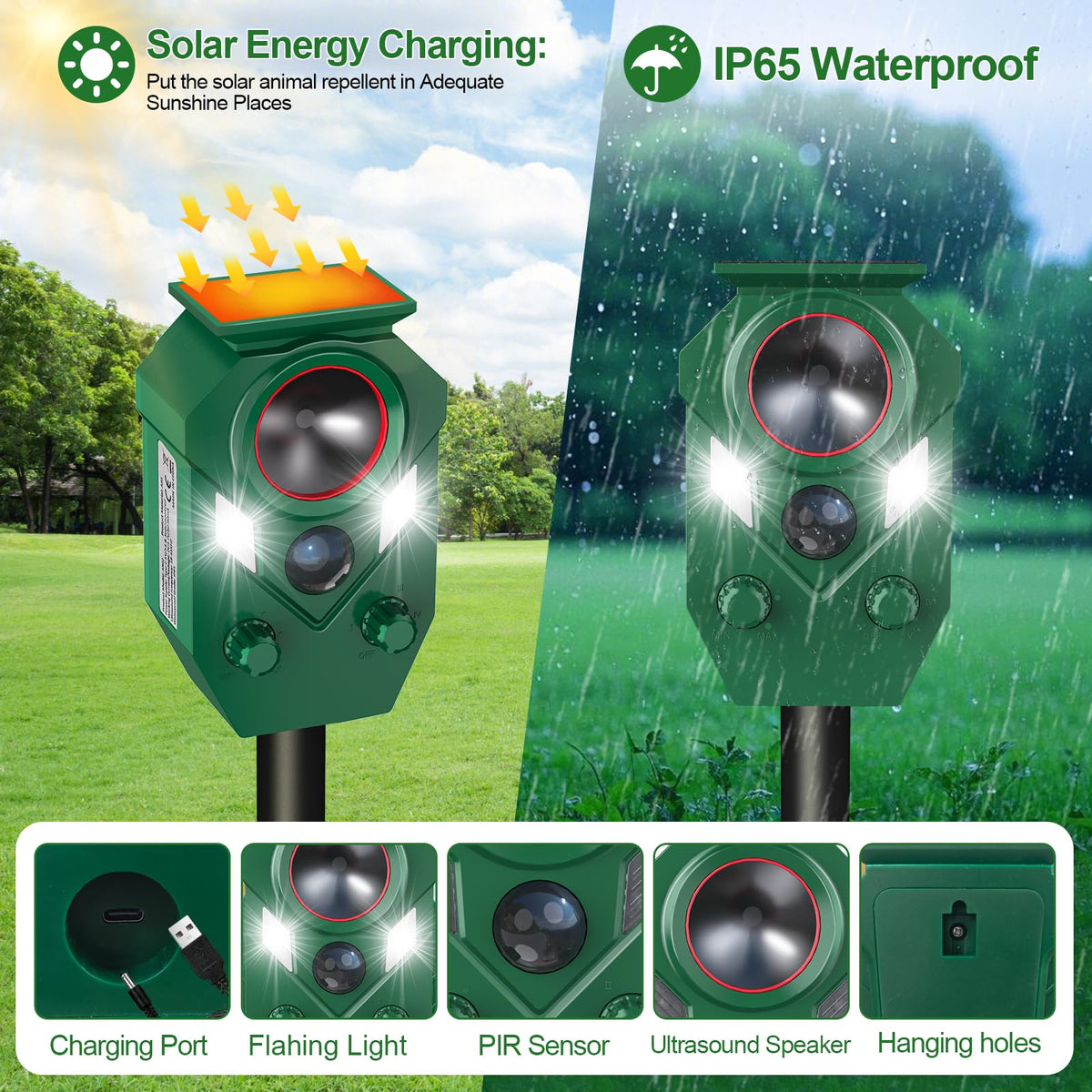 Solar Animal Repellent,Cat Dog Repellent Outdoor,Solar Animal Repeller with Motion Sensor,Waterproof Rabbit Repeller with Flahing Light for Yard Skunks,Raccoon Birds Squirrels Deer-4 Pack