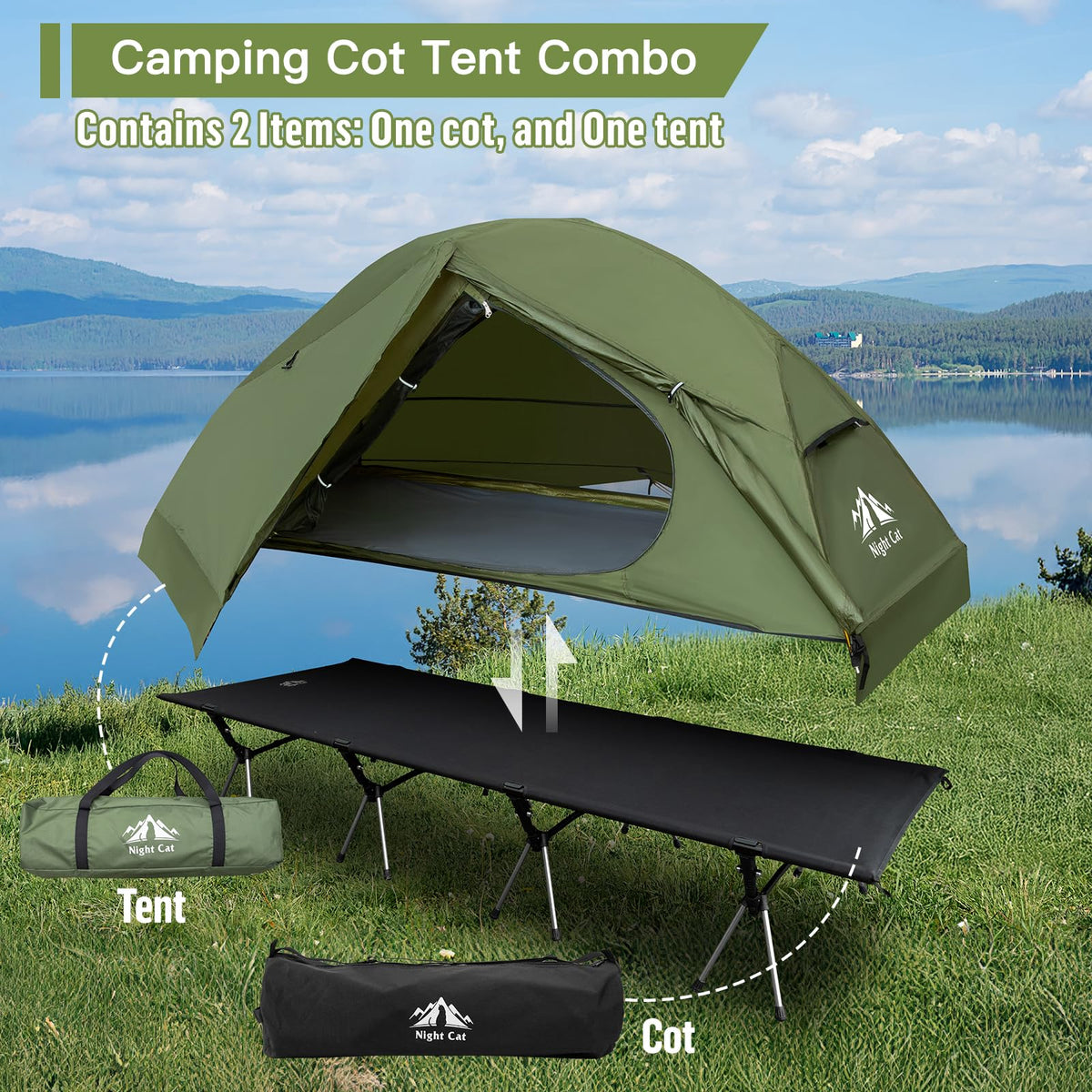 Night Cat Camping Cot Tent - Waterproof 1-Person Off-Ground Combo Cot Bed for Adults Portable Easy Set-up Tent Green 31.5'' Width