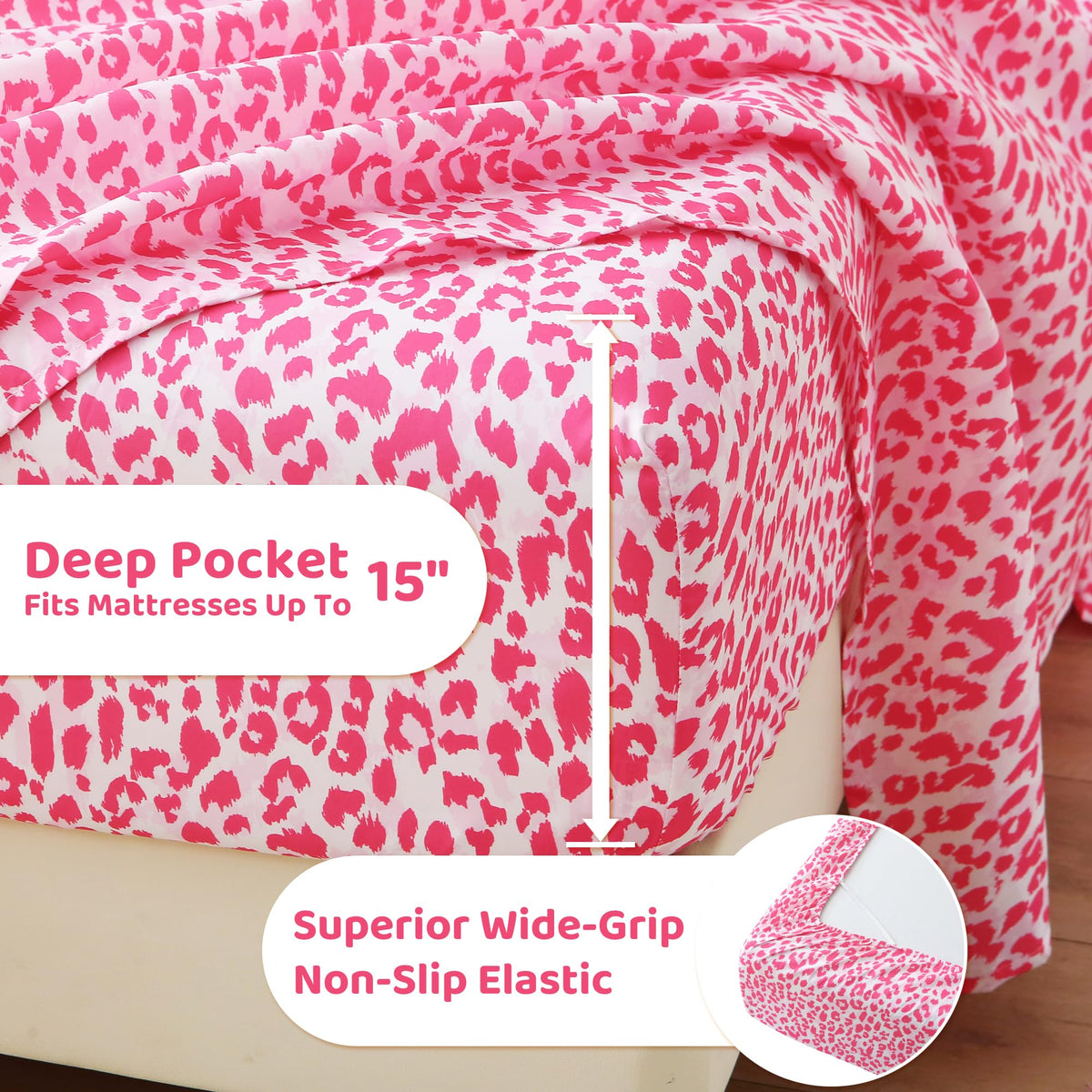 Mooreeke Leopard Cheetah Printed Full Bed Sheets, Soft Microfiber Bedding Sheets & Pillowcases, Deep Pocket Non-Slip Fitted Full Sheet, Pink Animal Pattern Bedsheets