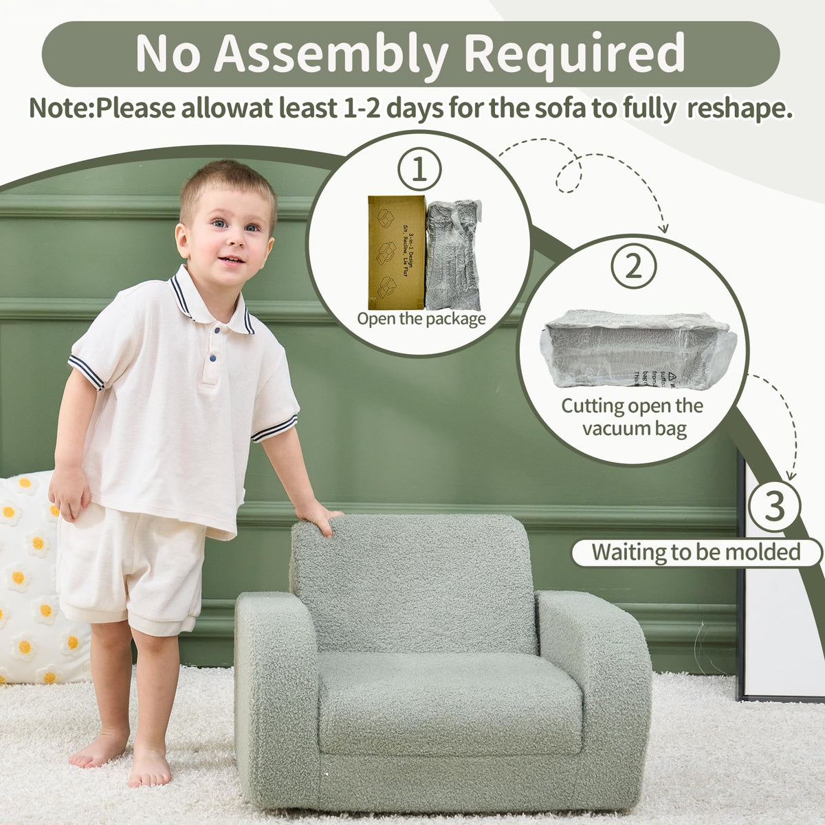 KidBloom 3-in-1 Kids Couch, Toddler Chairs Comfy 2–3 Years Old, Kid Sofa, Kids Couch Bed Fold Out, Gifts for 2 3 Year Old Girls Boys