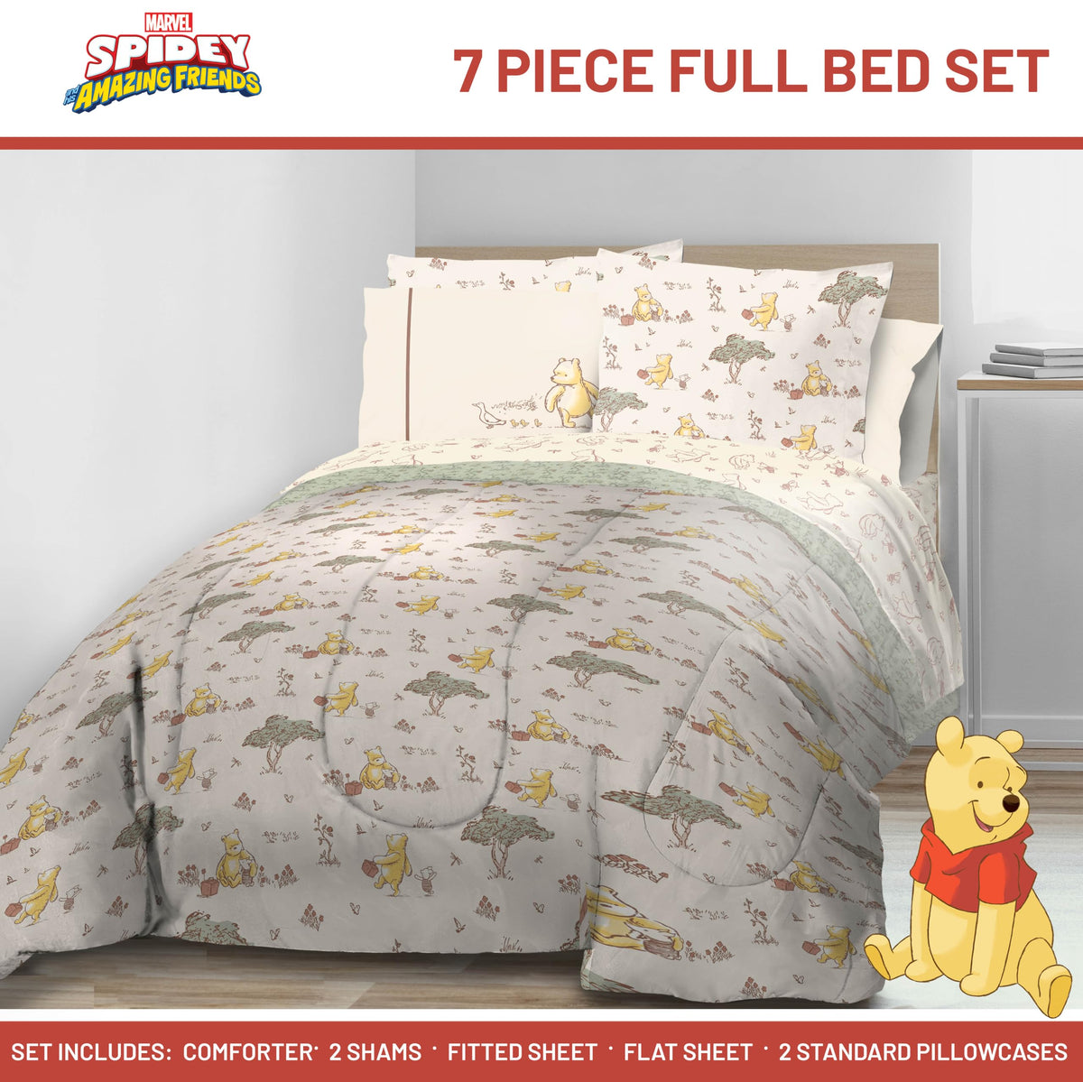 Jay Franco Kids Bed Set, Beige, Winnie The Pooh, 7 Piece Full