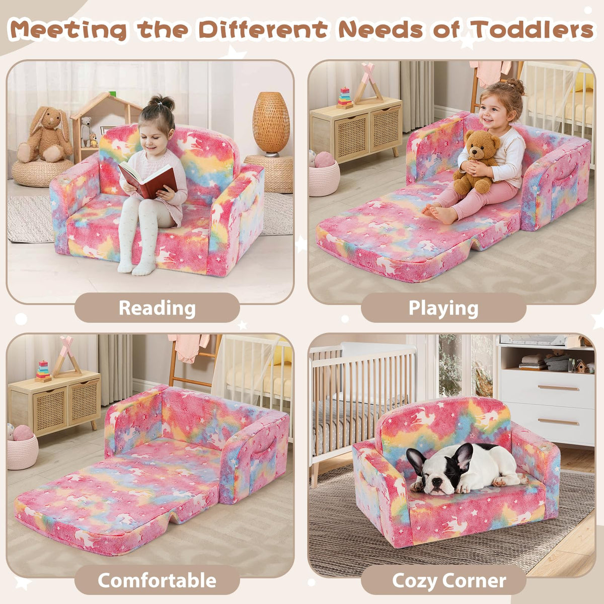 Foryoomi Extra Wide Kids Couch, Kids Sofa, Toddler Sofa, Glow in The Dark, 2-in-1 Soft Toddler Couch with Blanket and Pillow, Pink