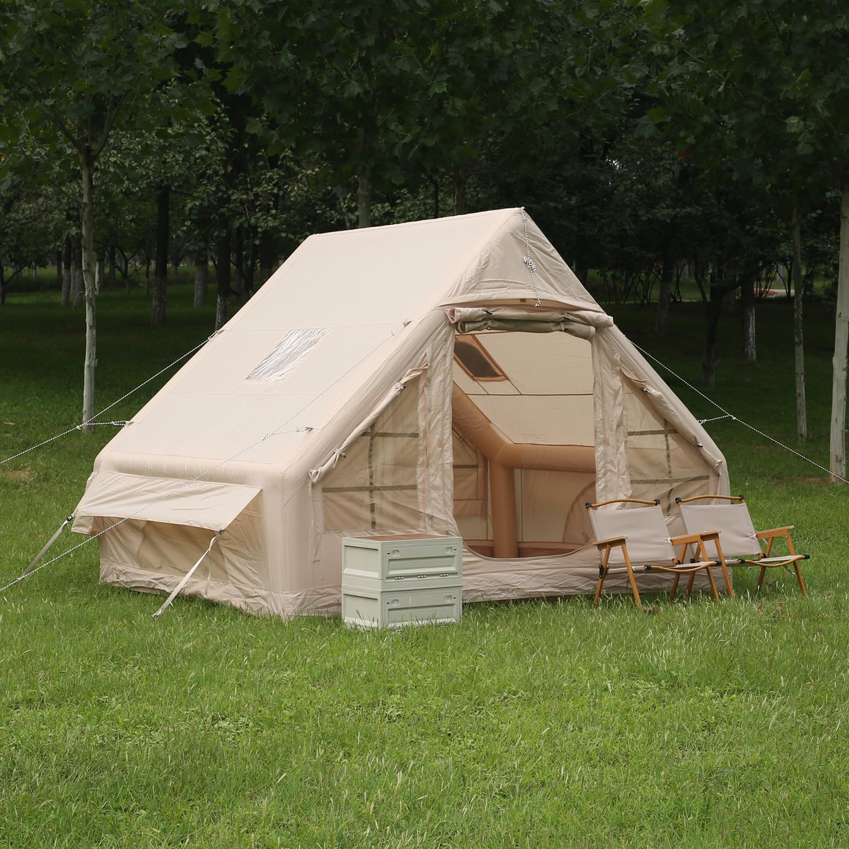2026 New Inflatable Tent for Camping 68 sq.ft, 4 Person Blow Up Tent with Stove Jack & Hand Pump, Khaki Waterproof Oxford Air Glamping Tent, Easy Setup 4 Season Luxury Cabin Tent for Outdoor Family