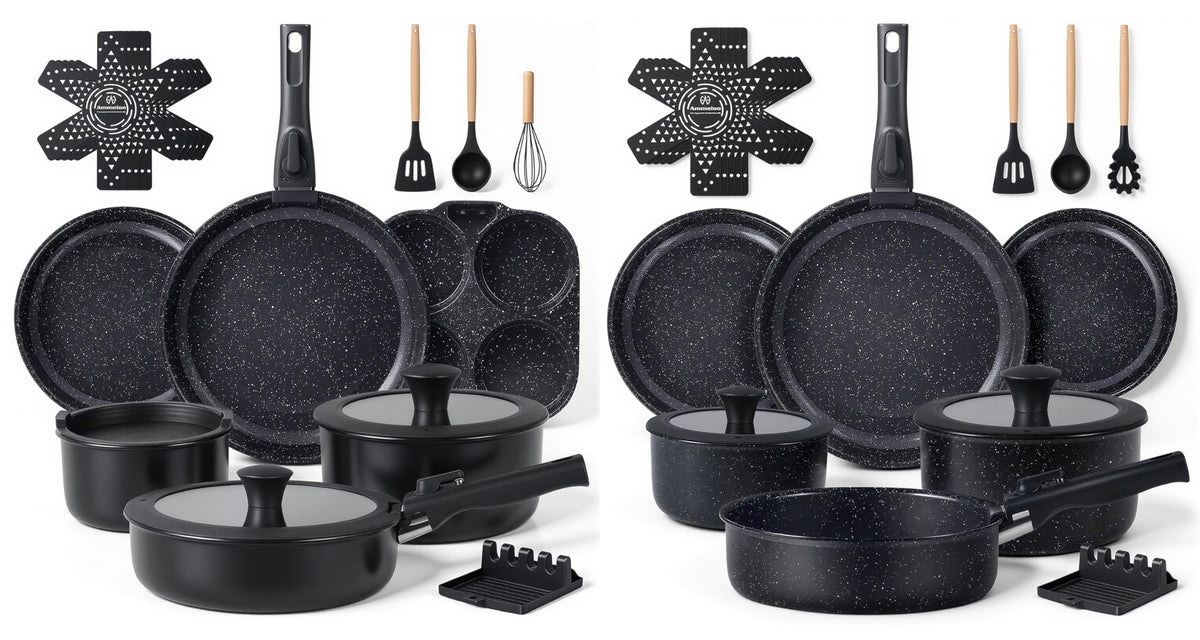 Ammeloo 21pcs Ceramic Pots and Pans Set Non Stick with Detachable Handles and Egg Frying Pan & 21 Pcs Pots and Pans Set with 3 Frying Pans