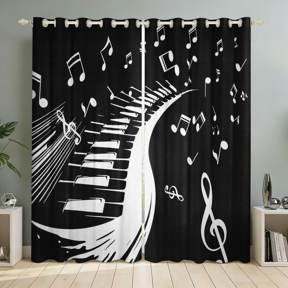 MBVZGUK Black and White Piano Keys Room Darkening Curtains, 84 Inch Long 2 Panels, Music Note Treble Clef Print Thermal Insulated Window Drapes, Light Blocking Curtain for Piano Themed Home Decor