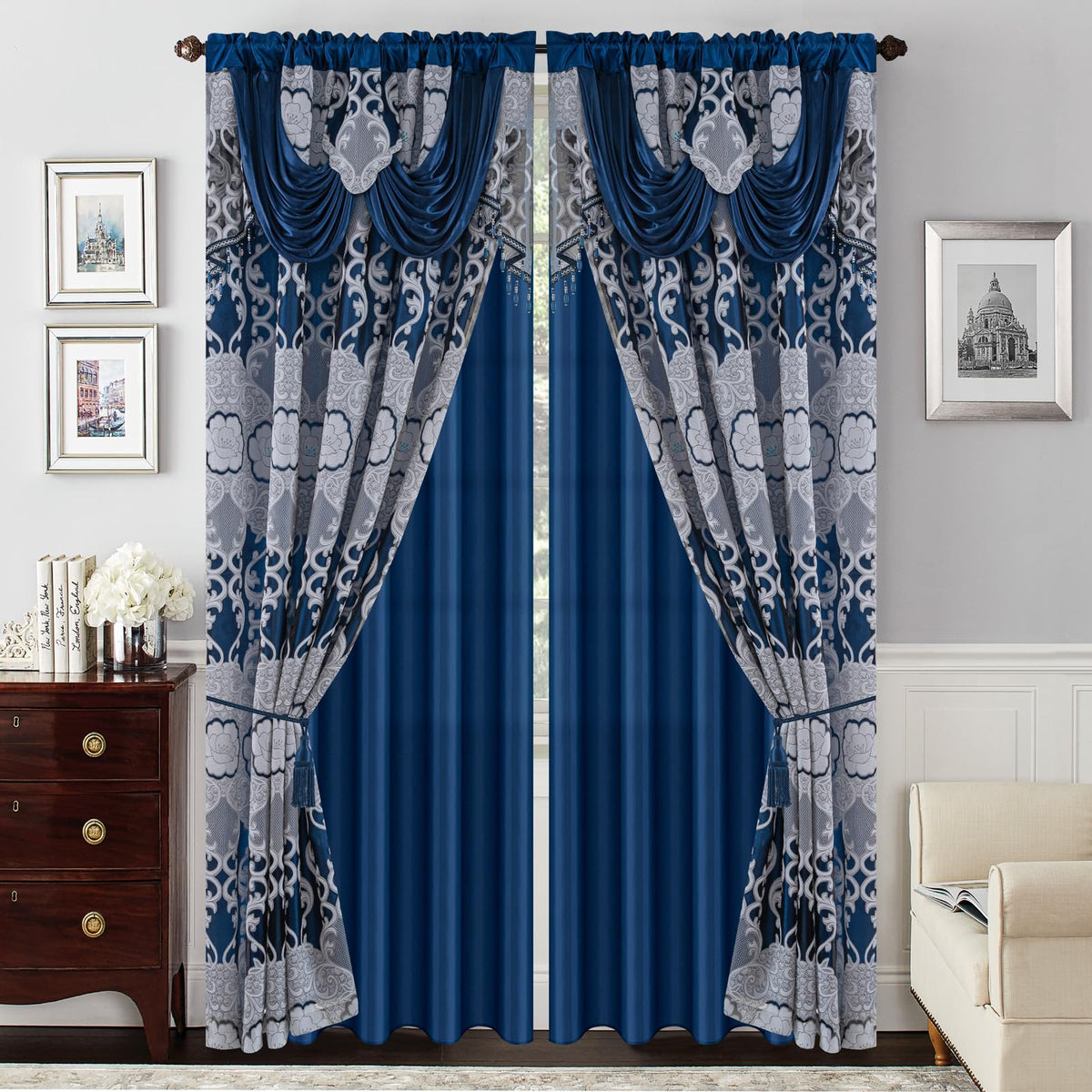 Petrichor Navy Sheer Jacquard Voile Curtains （54" W x 63" L）, 2 Panels with Attached Valance, Double Layer Floral Cutwork Design with Luxurious Texture, Rod Pocket, for Bedroom & Living Room