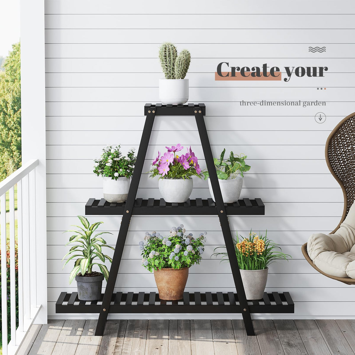 STDDRE Plant Stand For Indoor Outdoor Tiered Plant Shelf 3 Tier 8 Potted Bamboo Flower Holder Ladder Rack For Multiple Triangle Table Plant Pot Stand (Black)