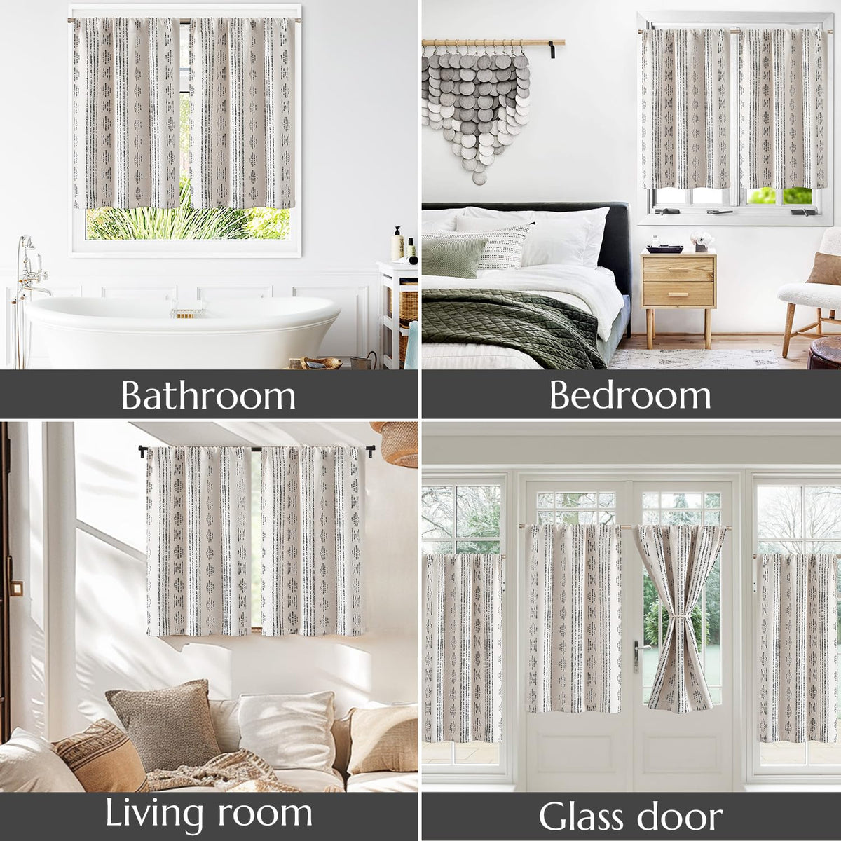 jinchan 95% Blackout Boho Kitchen Curtains 36 Inches Cafe Tier Curtains Bohemian Small Drapes for Bedroom RV Basement Half Window Room Darkening Thermal Insulated 2 Panels Black on Beige