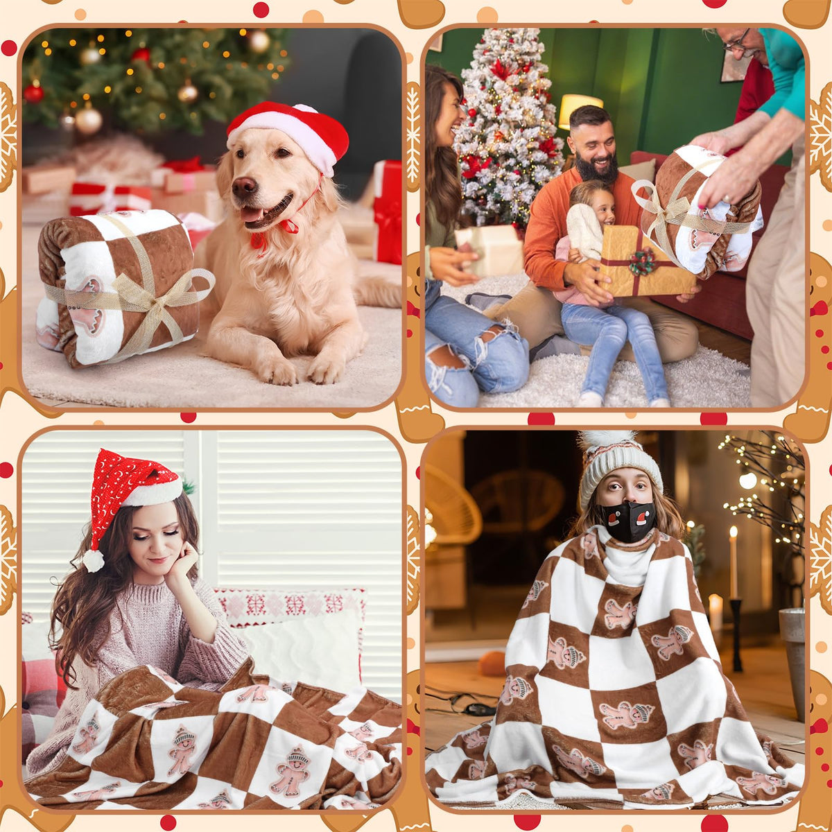Tingjoo Christmas Gingerbread Man Throw Blanket Double Sided Xmas Fuzzy Blanket Brown White Cozy Soft Flannel Decor for Home Bed Sofa Couch Chair Xmas Gifts, 60 x 50 Inch (White Brown, Gingerbread)