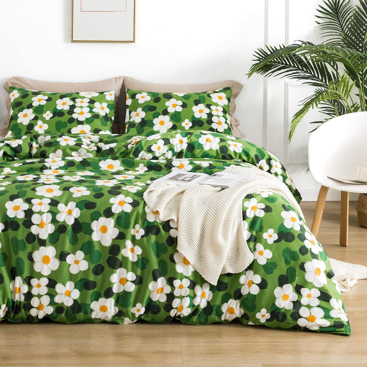 YuHeGuoJi Watercolor Flower Duvet Cover Queen 100% Cotton 3 Pcs Set 1 Sage Green Plant Duvet Cover with Zipper Ties 2 Pillowcases Garden Cute White Botanical Floral Bedding Set Soft