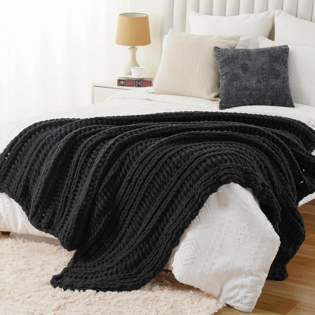 Battilo Chunky Knit Throw Blanket for Couch, Hand Made Chenille Throw Blanket, Super Soft Warm Cozy Charcoal Blanket for Bed, Sofa, Living Room, 50"x60"