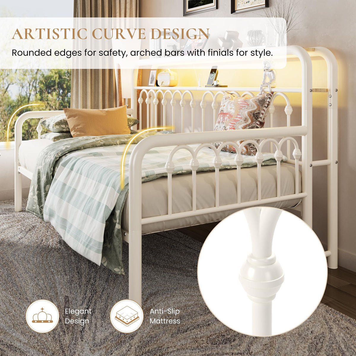 SHA CERLIN Twin Size Daybed, Metal Sofa Bed Frame with Double-Layer Storage Headboard, LED Lighting & USB Charging Ports, Steel Slat Support, White, for Living Room/Guest Room