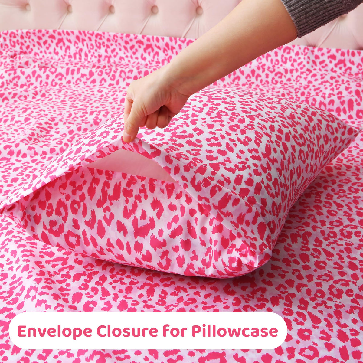 Mooreeke Leopard Cheetah Printed Queen Bed Sheets, Soft Microfiber Bedding Sheets & Pillowcases, Deep Pocket Non-Slip Fitted Queen Sheet, Pink Animal Pattern Bedsheets