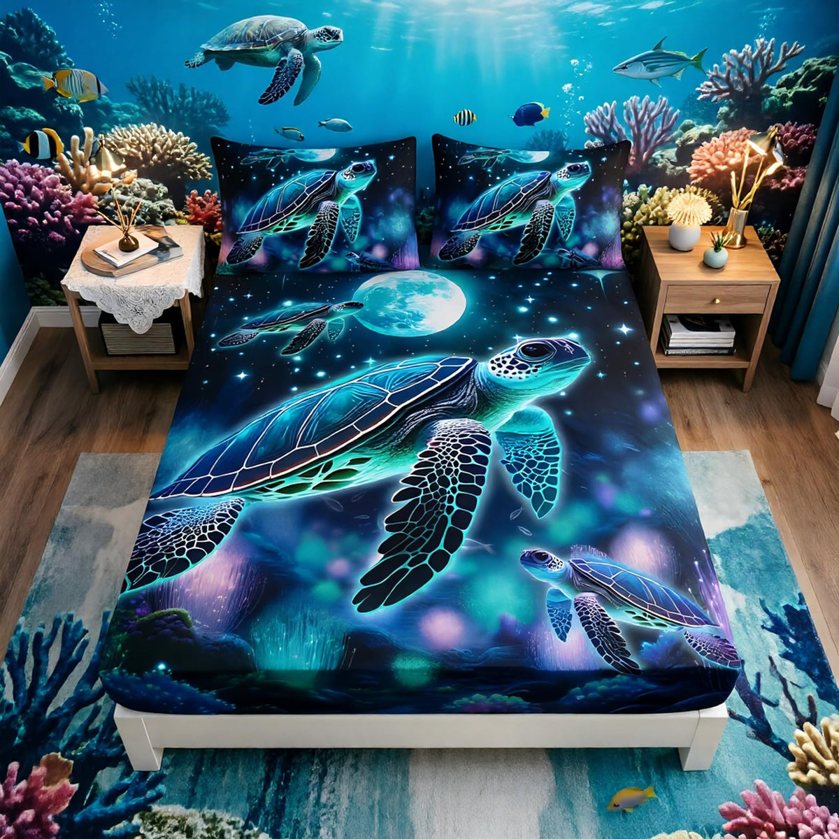 UEVBF Sea Turtle Fitted Sheet Kids Bedding Twin Size,Glowing Waterweed Moon Flash Fitted Sheet for Kids Boys Girls Room Decor,Coastal Reptile Animal Bedding Set,1 Fitted Sheet+2 Pillowcases.