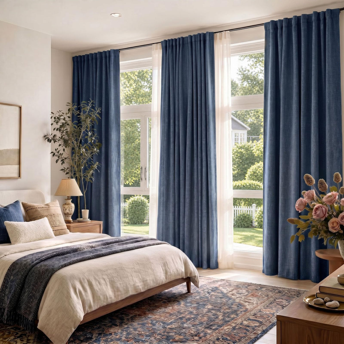 jinchan Burlap Look Curtains Blackout Curtains for Bedroom Lined Linen Textured Curtain for Living Room 84 Inches Long French Country Farmhouse Window Curtains 2 Panels Blue Curtains