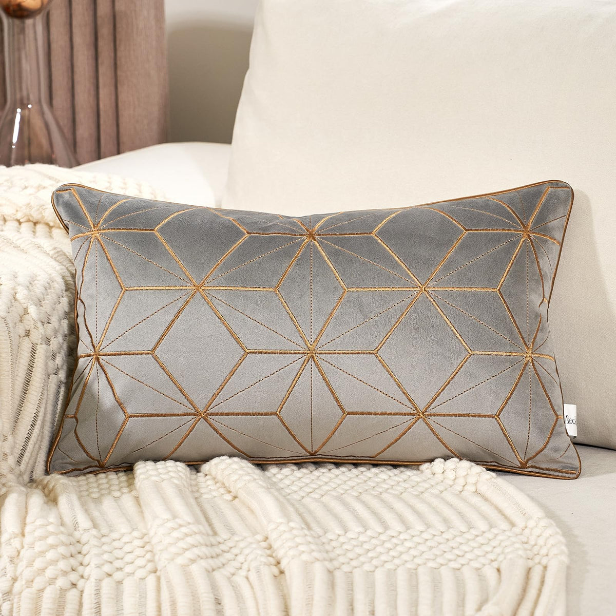 Aeckself Gray Gold Velvet Lumbar Throw Pillow Cover 12 x 20 Inch, Embroidery Rectangle Modern Plaid Accent Pillow Cover with Stitched Edge Decorative Oblong Cushion Case for Couch Living Room Bedroom