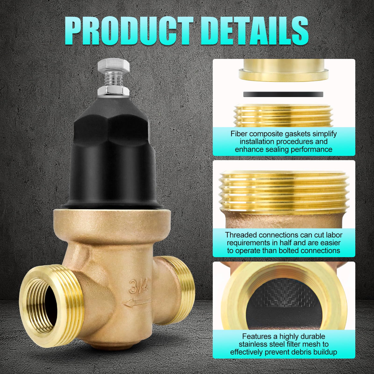 NR3XLDU 3/4" Brass Pressure Reducing Valve With Double Union FNPT Connection, Built-In Stainless Steel Filter, Primarily Used In Residential Settings And Public Entrances
