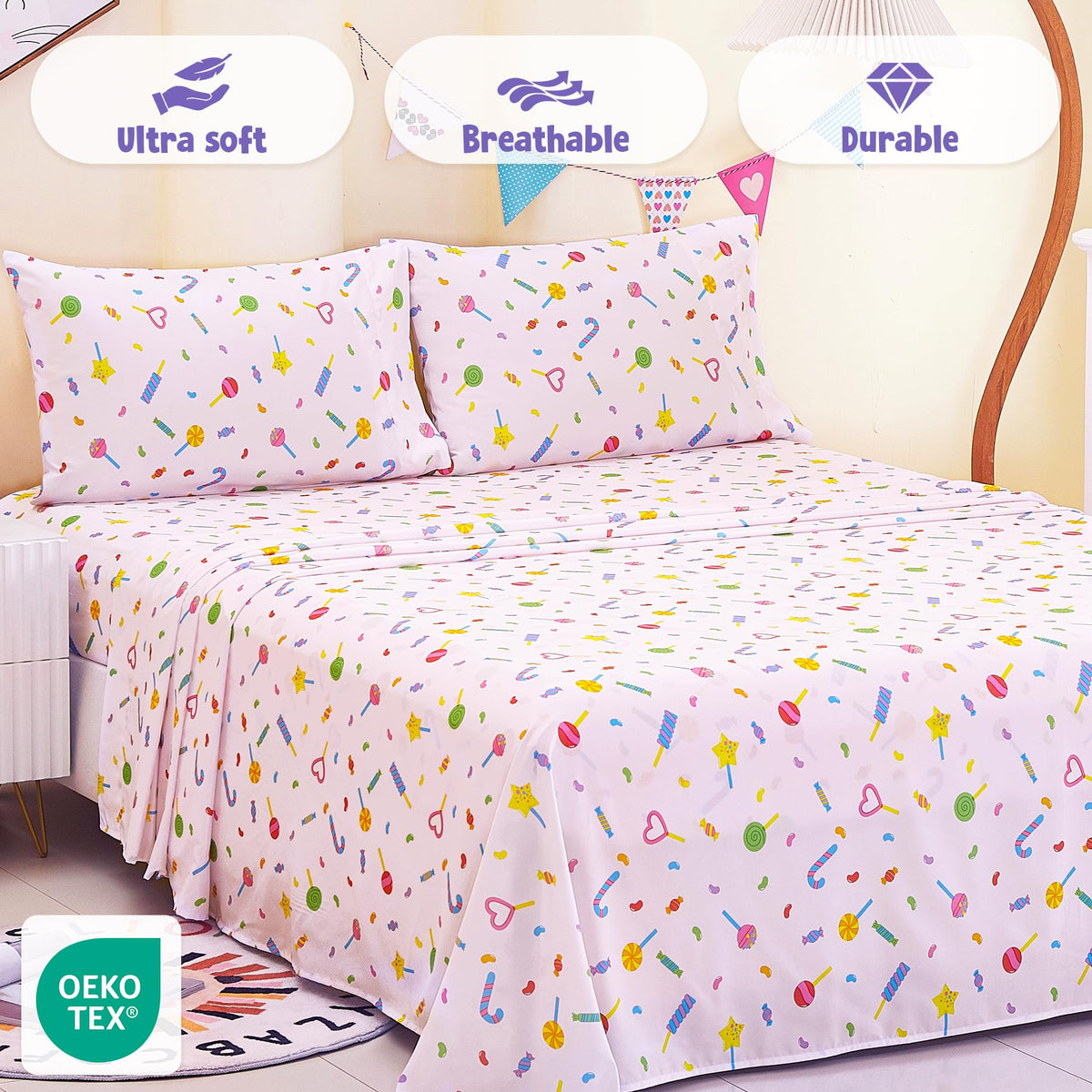 CozySmile Twin Sheet Set Kids,3 Pieces Breathable Soft Microfiber Bedsheets for Child Girls, Oeko-TEX, Anti Pilling Deep Pockets Easy Care Bed Sheets, Candy