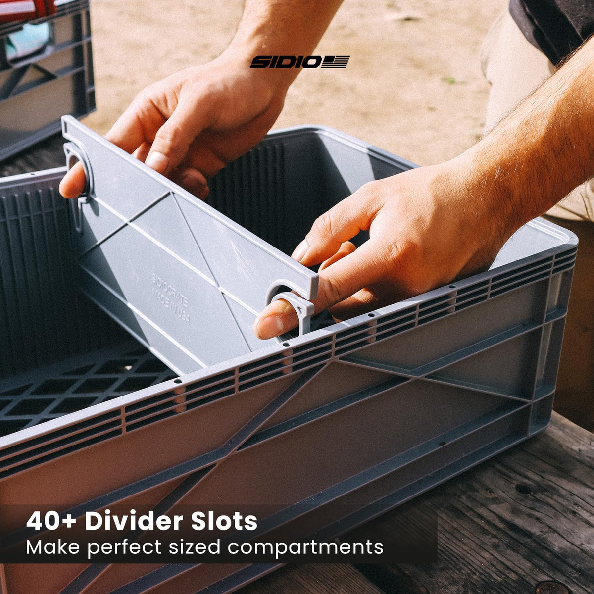SIDIO Crate Basic Pack - 2 Full-Size & 1 Half-Size Heavy Duty Stackable Storage Bins, Totes and Containers with Dividers - Durable Plastic Organizer for Home, Office, Garage, and Outdoor Use