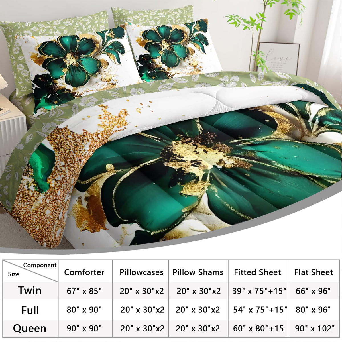 AILONEN Gold Green Floral Comforter Set Twin Size,7-Piece Soft Bed in a Bag,Marble Flower Comforter & Fitted Sheet & Flat Sheet & 2 Pillowcases,2 Pillow Shams for Girls Women