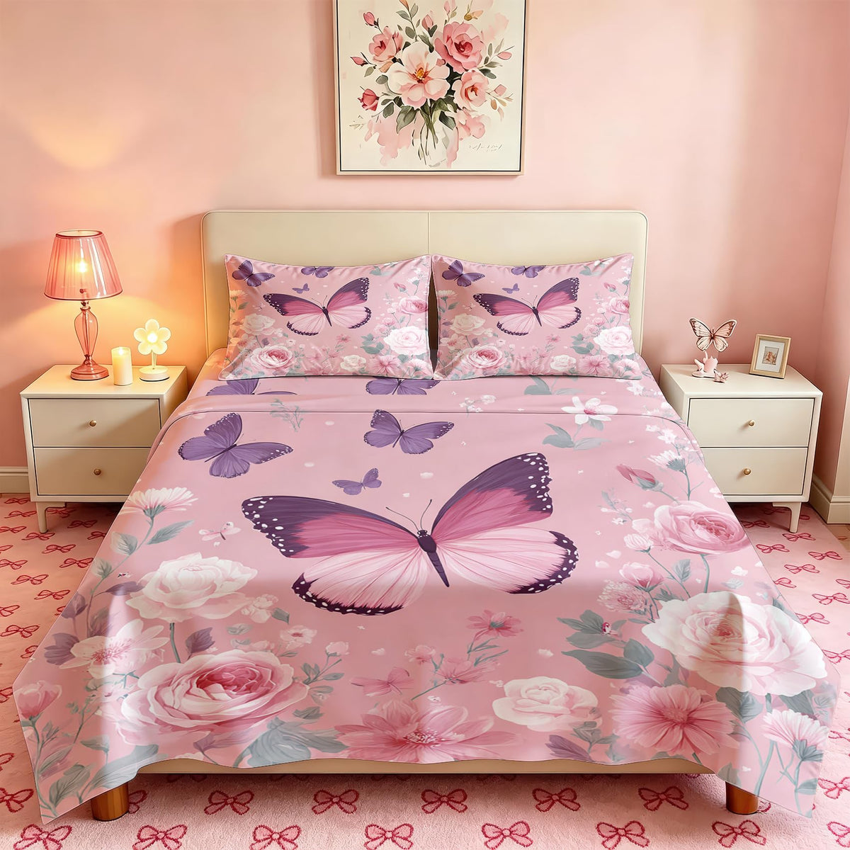 Pink Rose Bedding Set 4 Pcs Girls Butterfly Queen Sheets