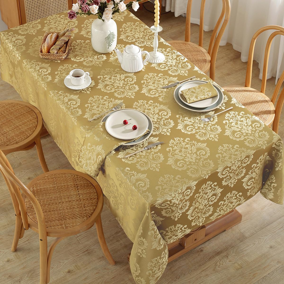 SASTYBALE Damask Gold Tablecloth for Rectangle Tables 60 x 120 Inch, Floral Jacquard Waterproof Stain Resistant Fabric Table Cloth, Polyester Table Cover for Dining/Party/Wedding/Indoor/Outdoor