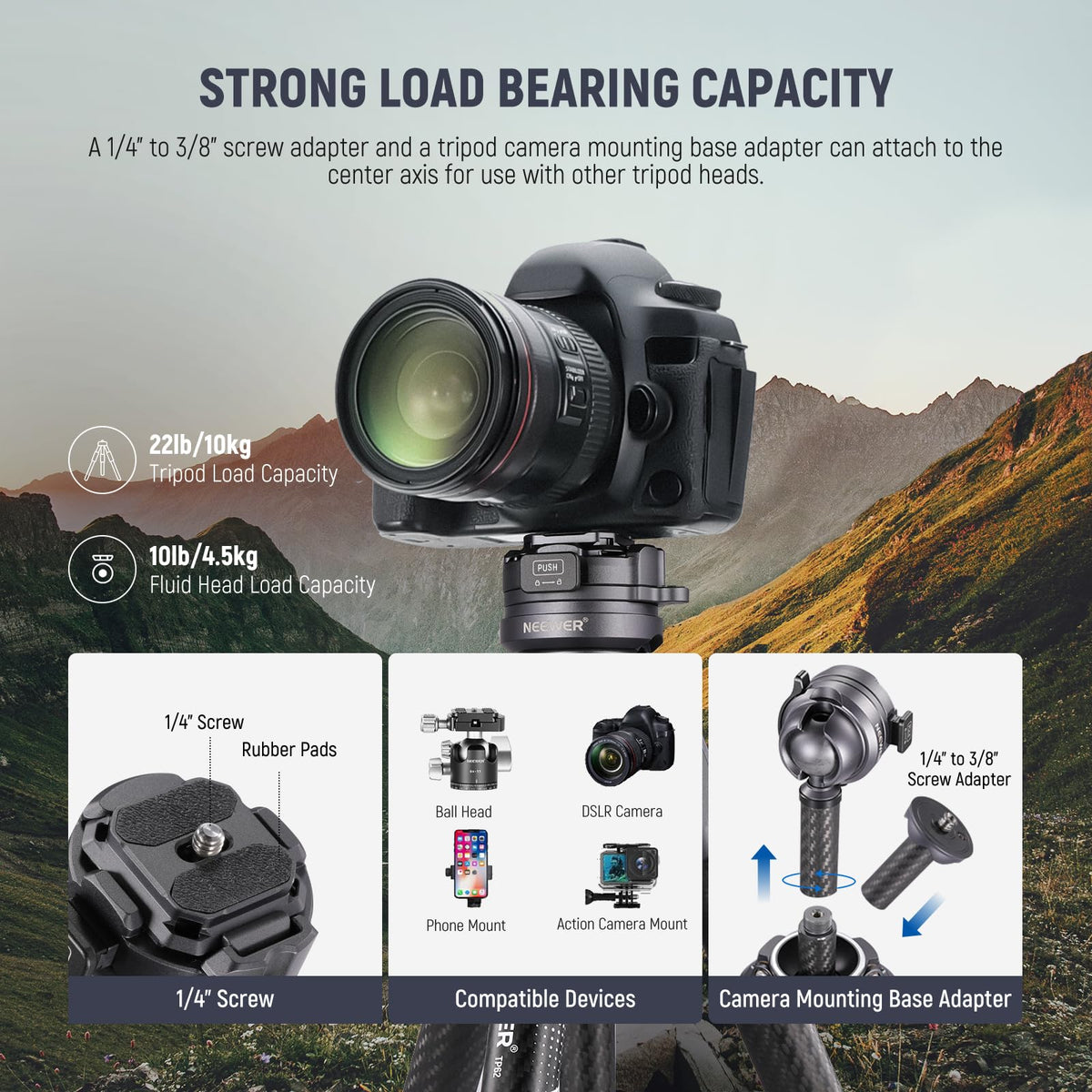 NEEWER LITETRIP LT32 Camera Travel Tripod, Carbon Fiber Portable Stand, Ball Head Detachable Center Axis Flip Buckle Cleaning Cloth Arca QR Plate Compatible with PD (Former TP62)