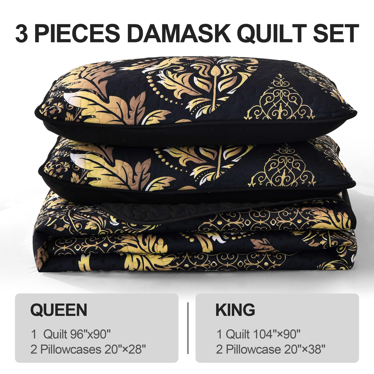 DJY Black Quilt Set Queen Size, Boho Gold Damask Bedspread Coverlet Set Soft Lightweight Microfiber Luxury Bedding Set 3 Pieces for All Season (96"x90")