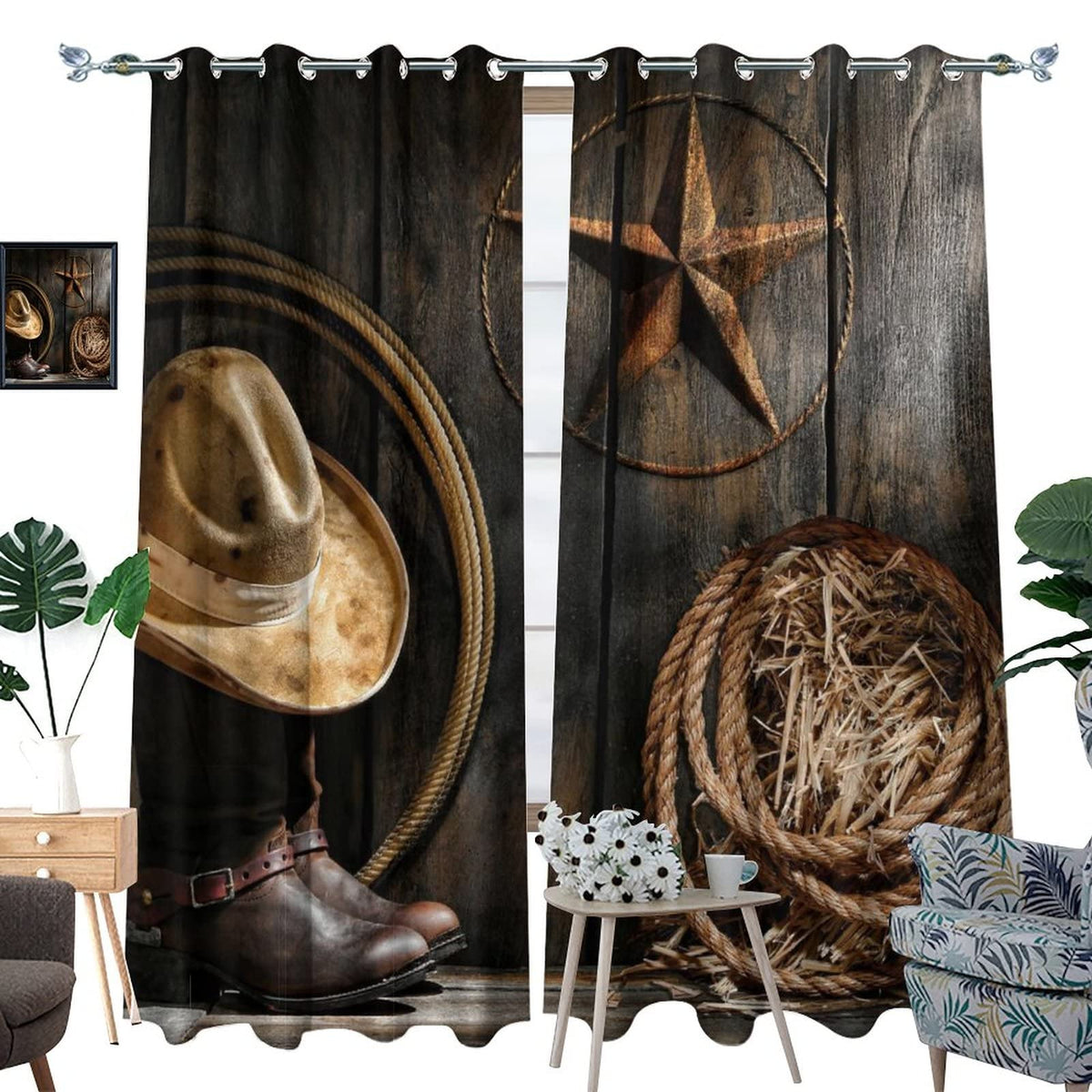 Kazynee Western Farmhouse Room Darkening Blackout Window Curtains with Grommets,Rustic Cowboy Leather Boots Texas Star Hat on Wooden Energy Efficient Window Treatment 2 Panels 63L x 21W