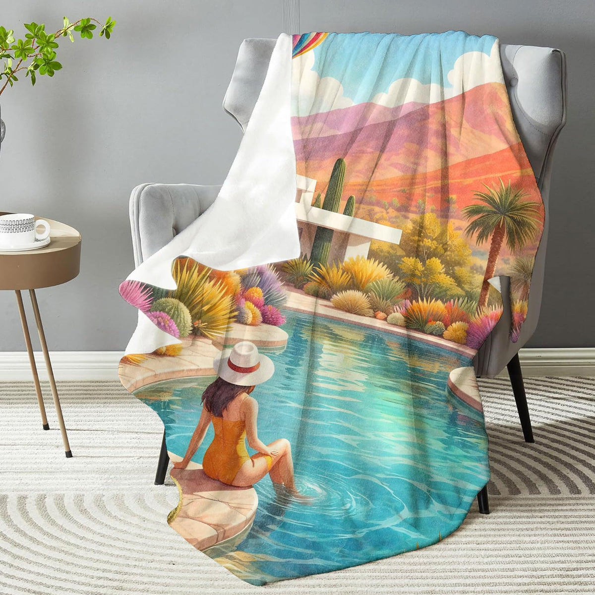 dhakalrlde Cactus Pool Blanket, Soft Palm Trees Hot Air Balloon Scenic Throw Blanket Gifts for Women Girls Adults, Lightweight Warm Cozy 60×50 inch Flannel for Couch, Travel, Bed, Decor