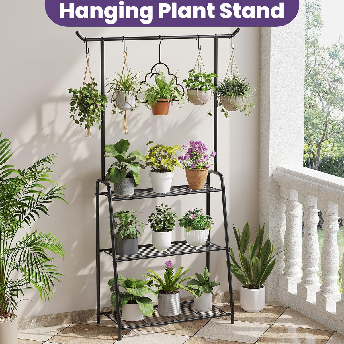 Wieghda Metal Plant Stand Indoor Outdoor, 3 Tier Tall Corner Plant Shelf, Hanging Flower Ladder for Living Room, Balcony, Garden, Patio (Black)