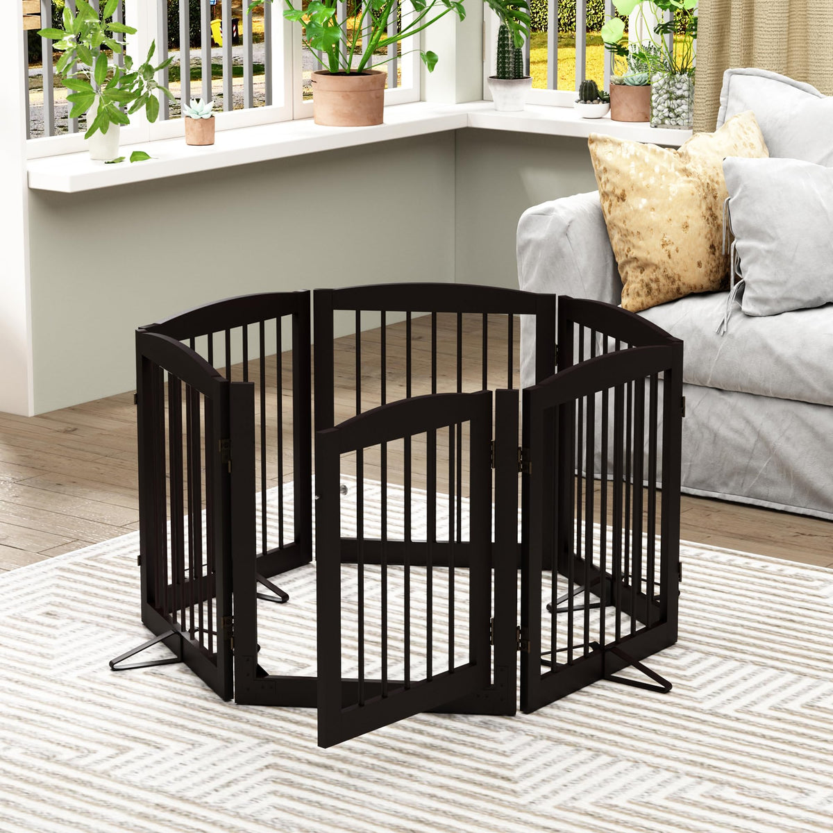 PUPETPO Freestanding Pet Gates with Walk Through Door, Dog Indoor Fence, Dog Gate for The House, Doorway, Stairs, Extra Wide Pet Gate, Support Feet Included, 120 Inch Wide, 6 Panels 24" Tall, Brown