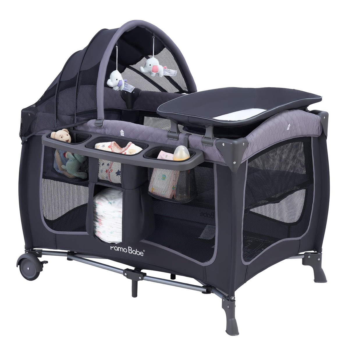 Pamo Babe Baby Playard with Canopy, Portable Crib with Changing Table