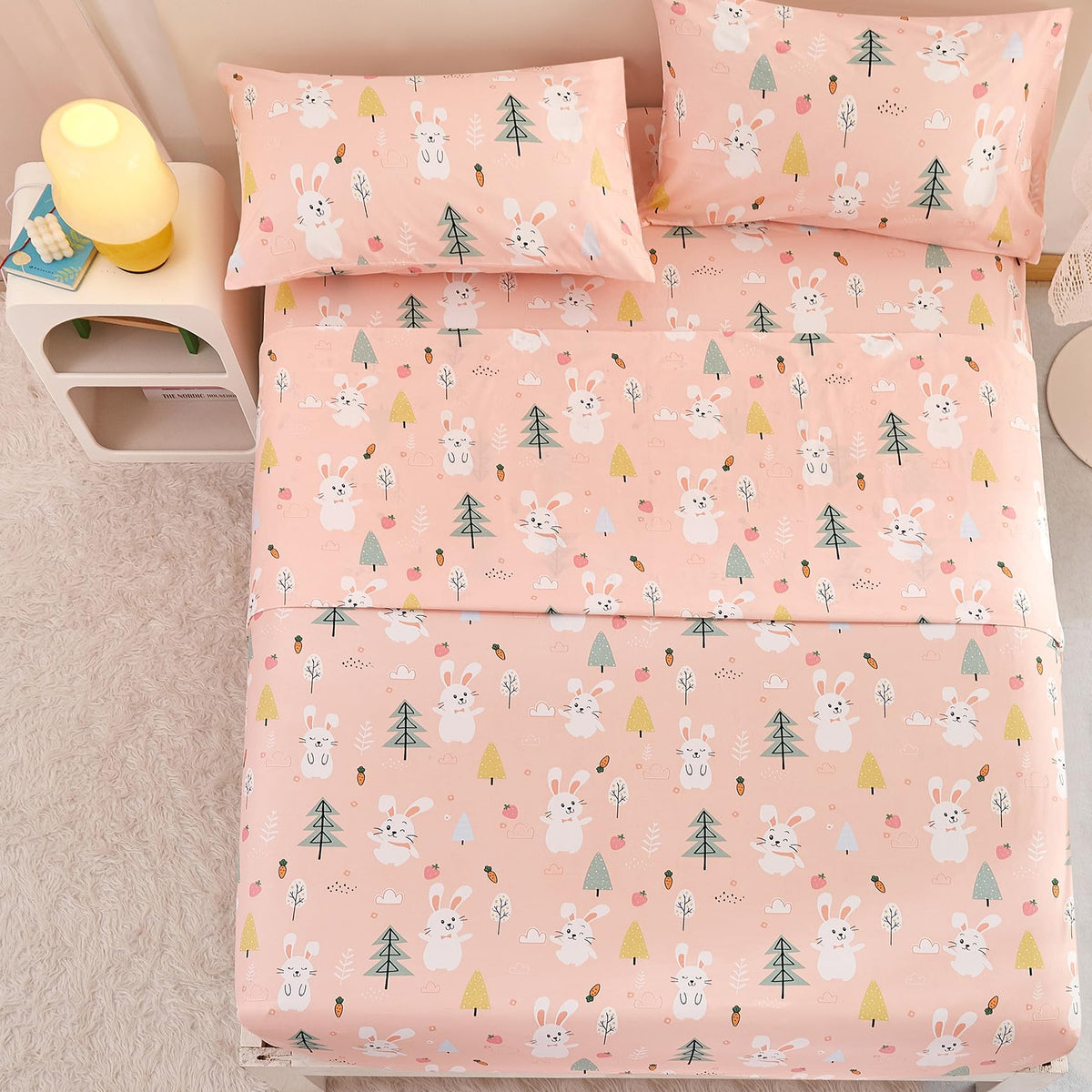 Yibeizi Pink Bunny Full Size Sheet Set for Girls, Kids Cute Bedsheet Microfiber Deep Pocket Bedding Sheets & Pillowcases 4 Pieces