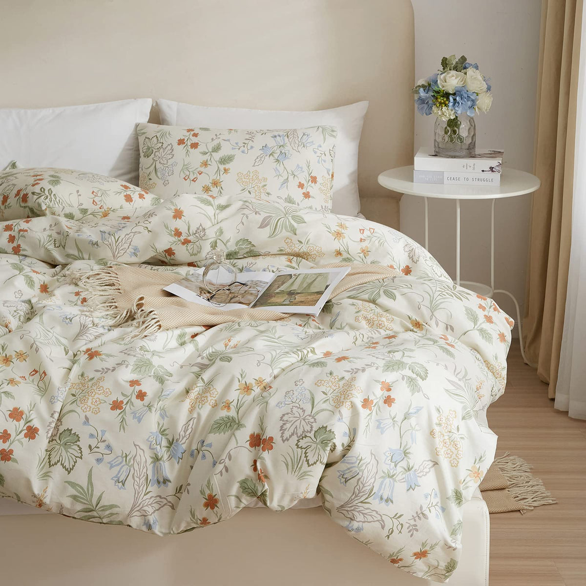 mixinni Floral Duvet Covers Queen Size Botanical Flower Leaf Printed on White Bedding Duvet Cover Set with Zipper Closure Ties for Him and Her 1 Duvet Cover with 2 Pillowcases-(3pcs, Queen Size)