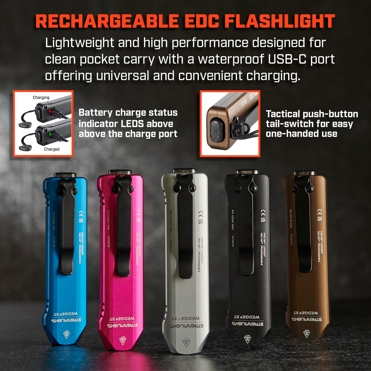 Streamlight 88812 Wedge XT 500-Lumen 1,900-Candela Flat Everyday Carry Flashlight, Includes USB-Cable and Pocket Lanyard, Black