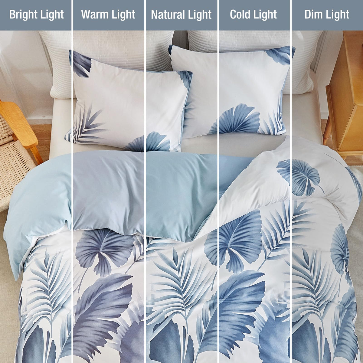 Lekesky Queen Duvet Cover Set, Tropical Blue Palm Pattern Duvet Cover Queen Size, 3 Pieces White Bedding Sets with Zipper, Ultra Soft Microfiber Reversible Floral Queen Size Comforter Cover
