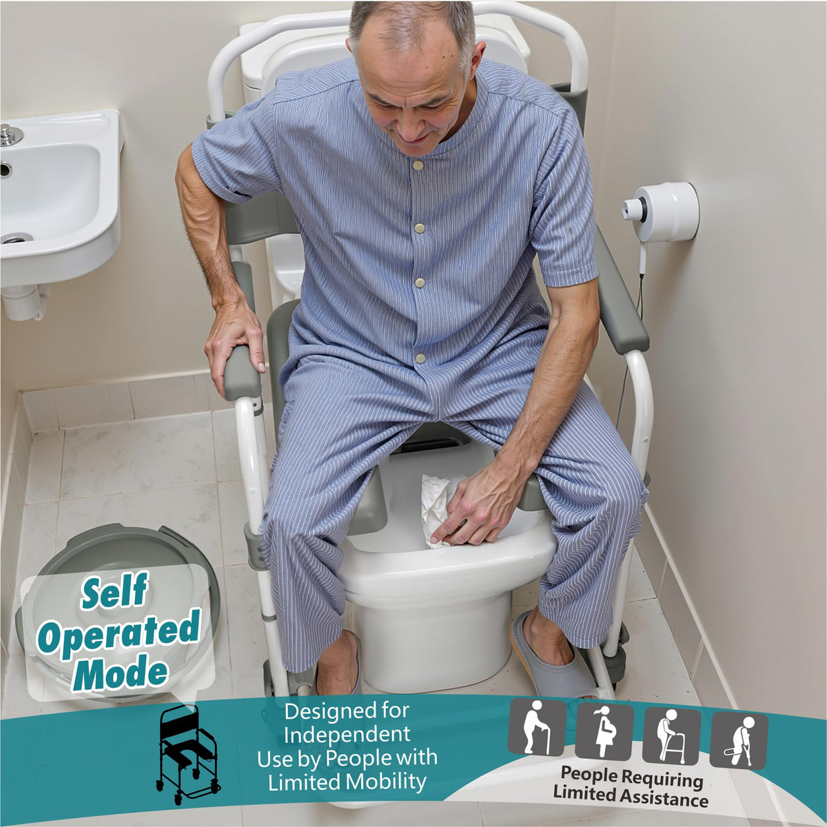 Littneo Bedside Commode with Wheels, Shower Wheelchair with 300 LBS Weight Capacity, Portable Toilet with Bucket for Elderly and Disabled
