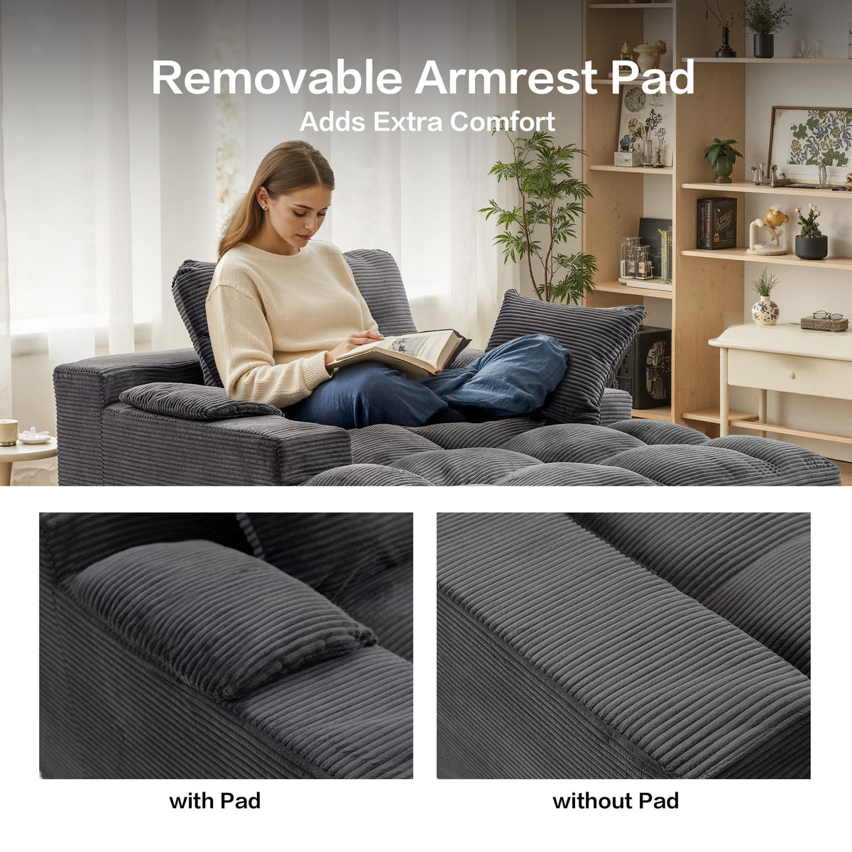 spanspace Chaise Lounge Chair Indoor, Oversized Sleeper Sofa Couch Bed with Removable Armrest Pads, Boneless Couch for Living Room, Bedroom