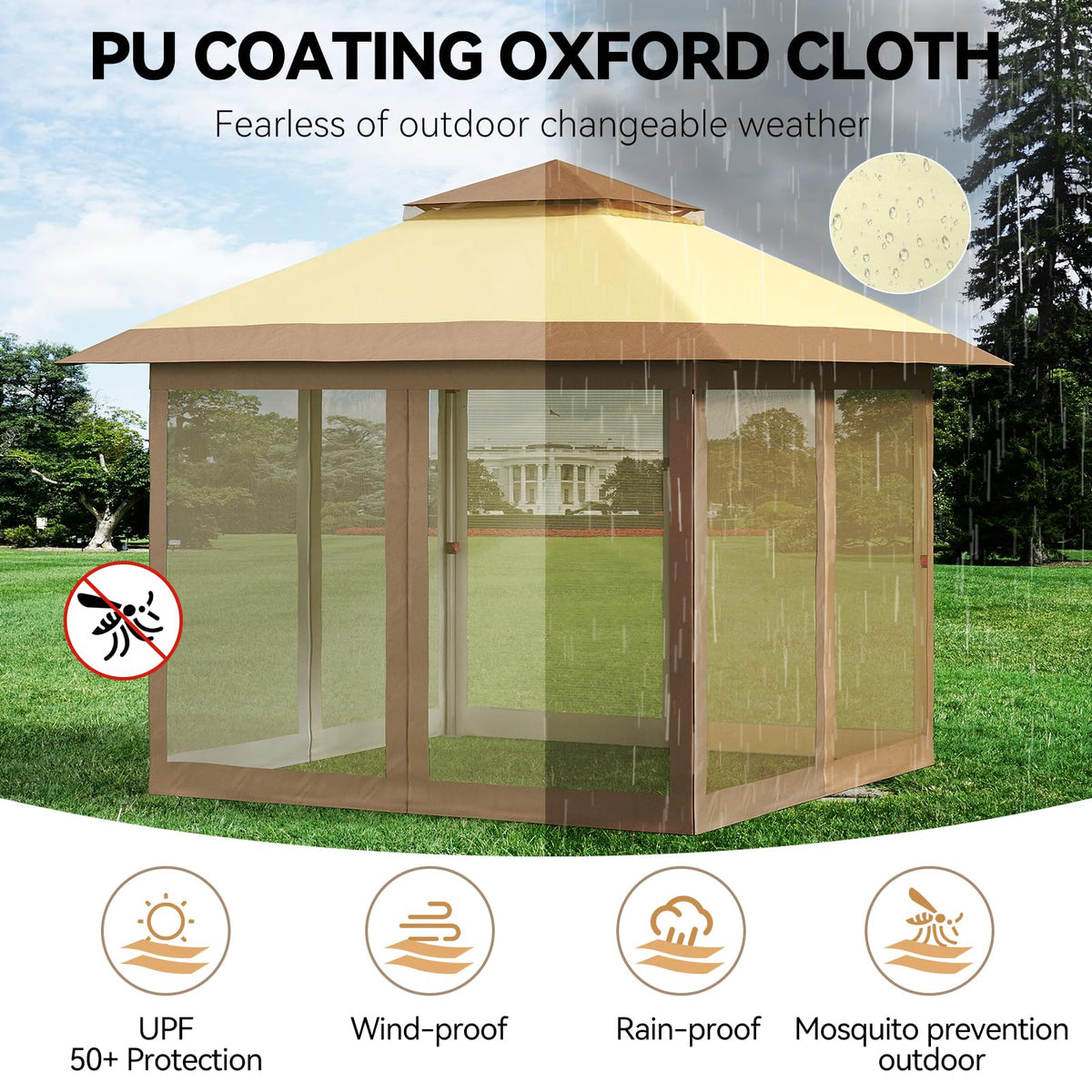 10x10 Pop Up Gazebo Tent with Mosquito Netting & Water,Resistant Oxford Canopy with Roller Bag,Instant Setup Outdoor Shelter for Backyard, Patio, Parties, Weddings, Outdoor Dining，Beige+Khaki