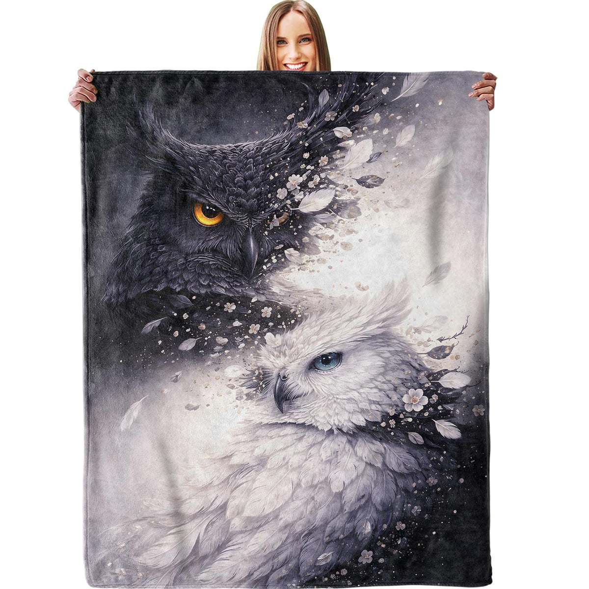 dhakalrlde Black and White Owl Blanket, Soft Artistic Dual Owl Feather Burst Design Throw Wildlife Blanket Gifts for Women Adult, Lightweight Warm Cozy 60×50 inch Flannel for Couch, Travel, Bed, Decor