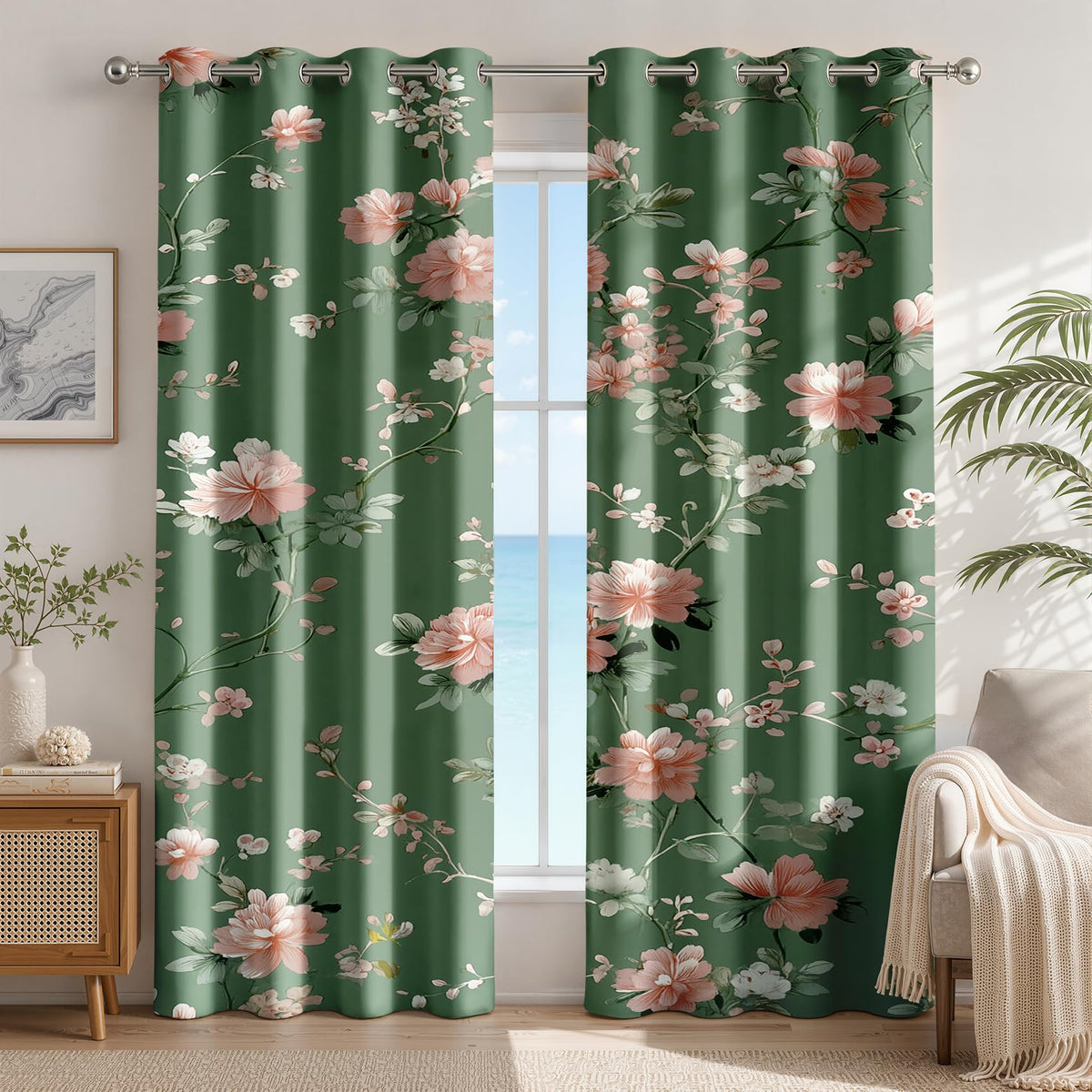 Vintage Floral Patterned Blackout Curtains for Bedroom Living Room, 63 Inch Curtains 2 Panel Set, Thermal Insulated Room Darkening Grommet Drapes, Farmhouse Green Pink Flower Botanical Treatments