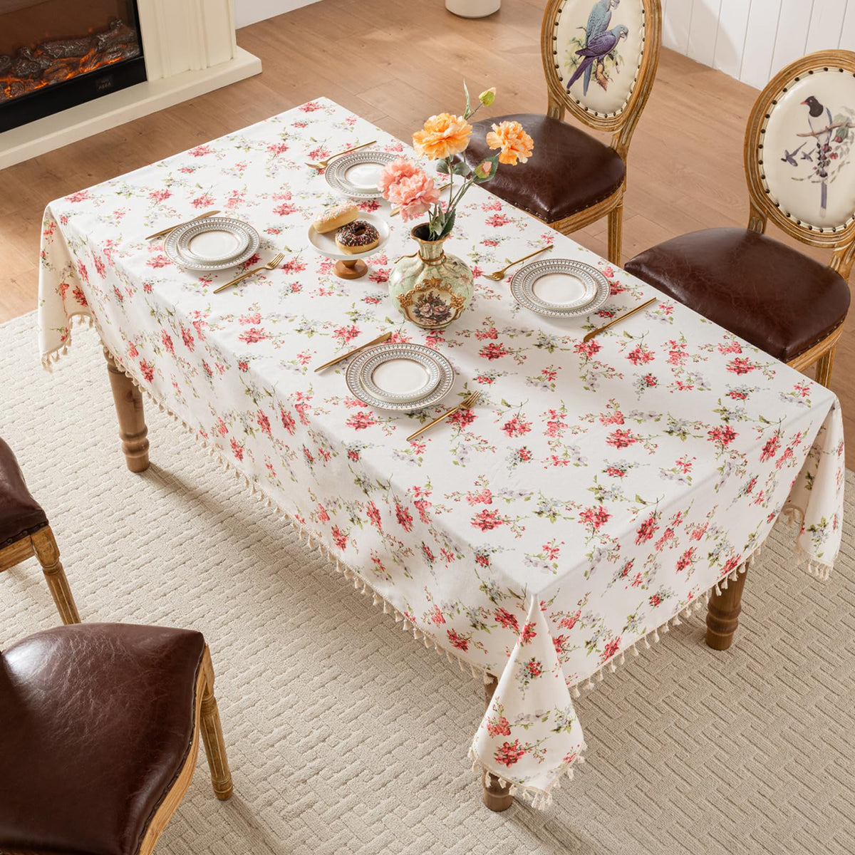 HOMLOVE Tablecloth Pastoral Style, Waterproof & Stain Resistant Table Cloth Wrinkle Free Table Cover for Dining/Kitchen/Patio, Washable Indoor & Outdoor Use (Red Flower, 55"X86")