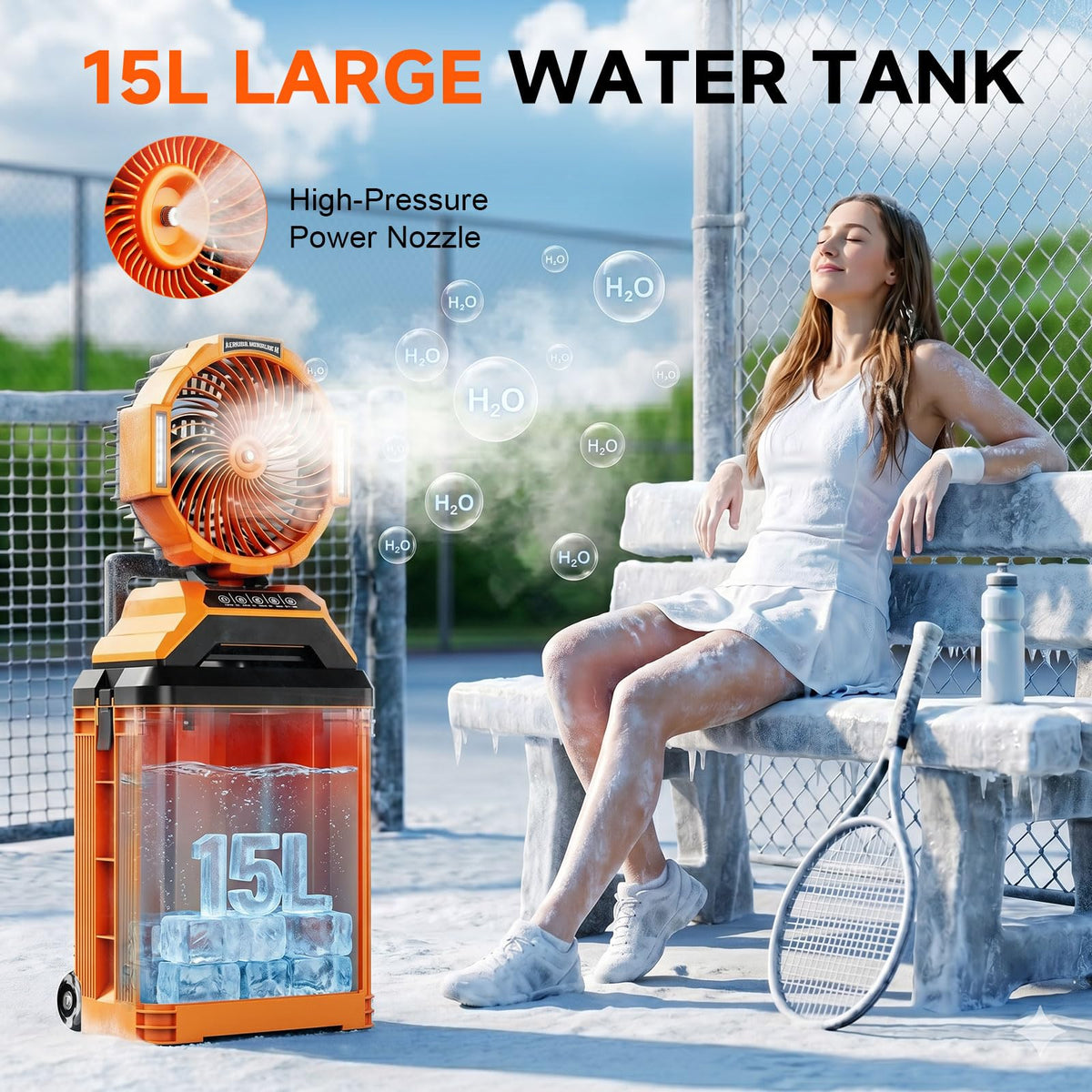 15L Bucket Portable Misting Fan, 30000mAh Rechargeable Battery Powered Oscillating Cooling Fan, 4 Strong Winds, Brushless Motor Outdoor Fans for Fishing/Travel/Garden/Golf/Tent/Office