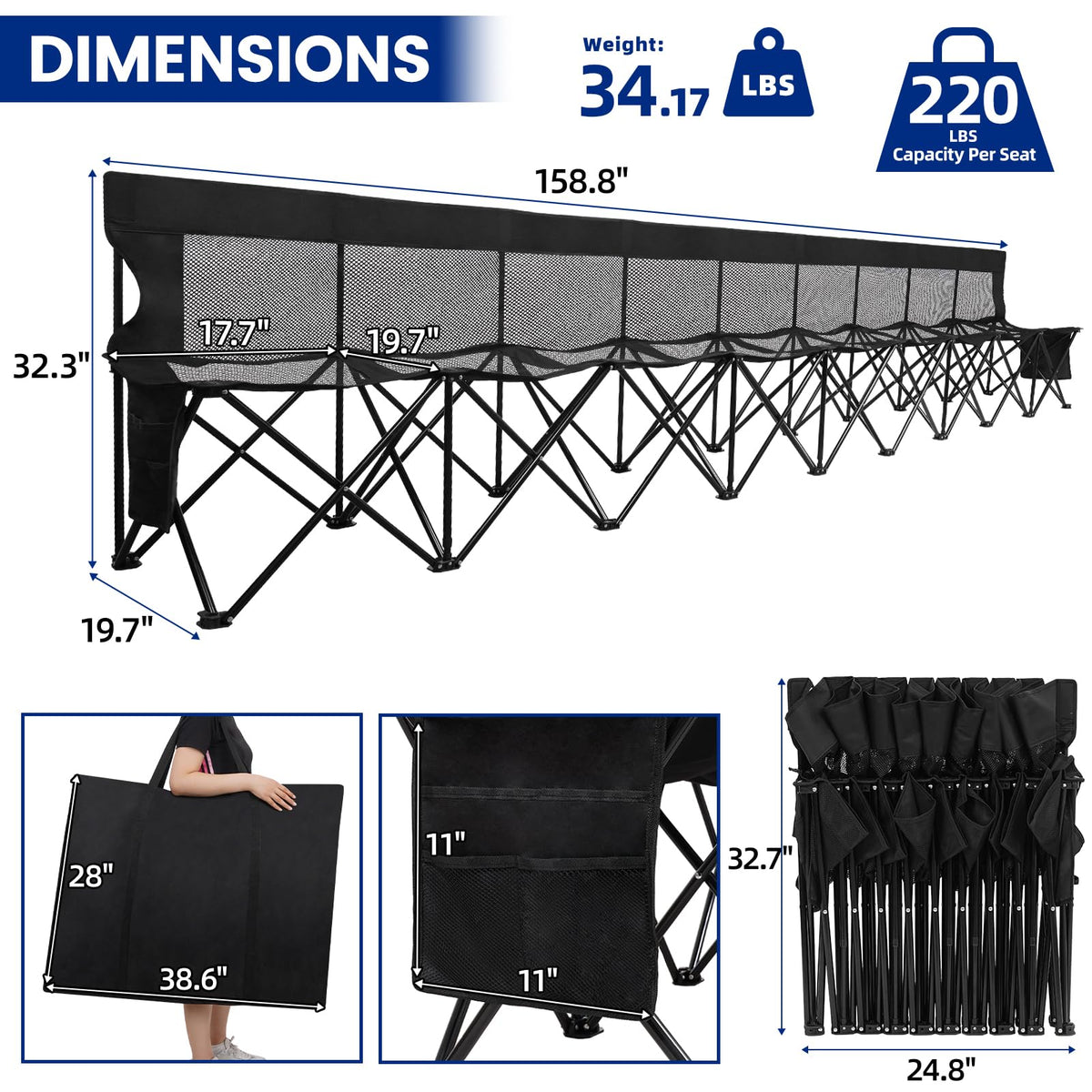 Permade Soccer Bench- Folding Team Bench Soccer 9 Seats, Portable Sideline Sports Benches with Mesh Seat and Back with Bag, Foldable Breathable Chairs for Sports Football Camp Events (Black